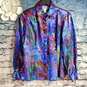 Vintage | Petite Notations 80s Satin Blue Color Splash Fitted Blouse